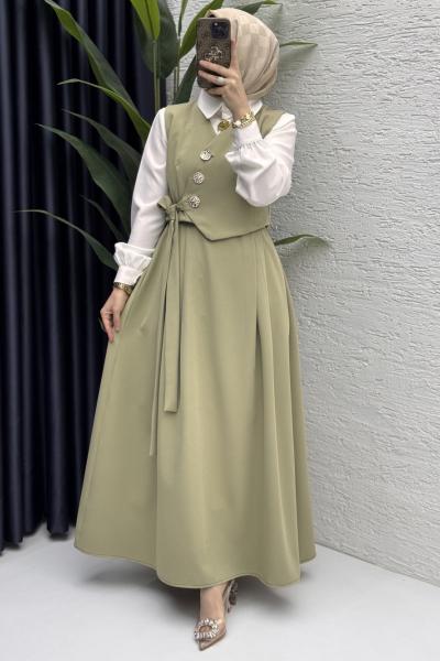 Lalezar Etekli Takım Tesettür Giyim  Açık Haki