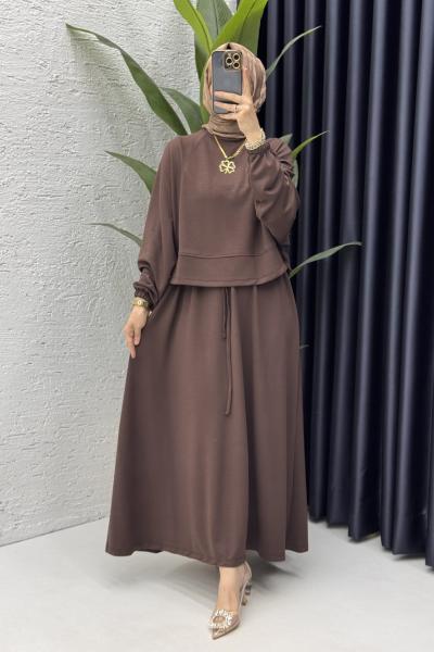 Sezin Etekli Takım Tesettür Giyim Kahverengi