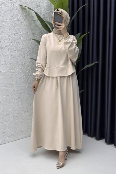 Sezin Etekli Takım Tesettür Giyim  Taş Rengi