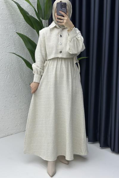 Yelekli Pırıl Elbise Taş Rengi