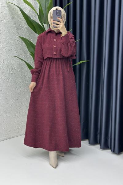 Yelekli Pırıl Elbise Bordo