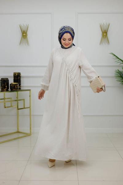 BANU MÜSLİN BÜZGÜLÜ ELBİSE-BEJ